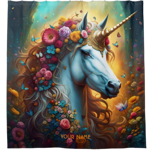 Fantasy Cute Vivid Majestic Unicorn Flowers Shower Curtain (Front)