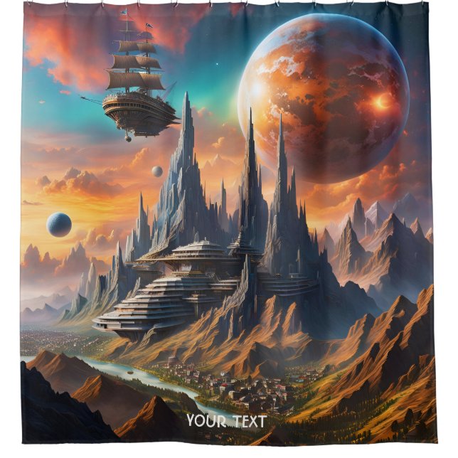 Fantasy Cute Vivid Mountains Planets Ship Shower Curtain (Front)