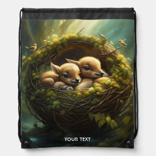 Fantasy Cute Vivid Nest Baby Fawns Drawstring Bag