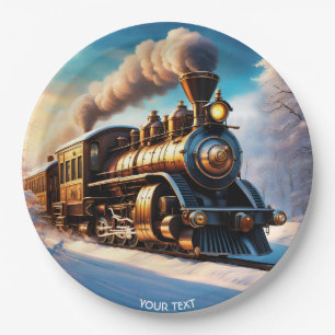 Fantasy Cute Vivid Old Train Winter Paper Plates