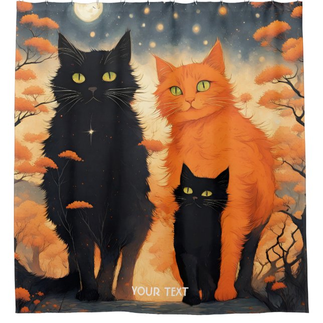 Fantasy Cute Vivid Orange Black Cats Shower Curtain (Front)