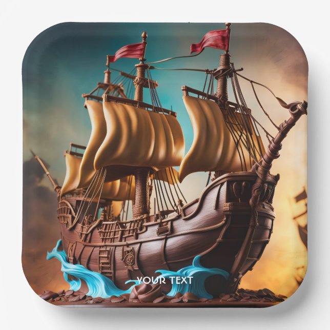 Fantasy Cute Vivid Pirate Ship Cake Paper Plates (Front)
