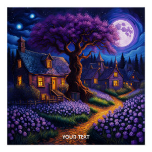 Fantasy Cute Vivid Purple Village Moon Poster