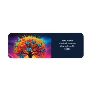 Fantasy Cute Vivid Rainbow Tree Butterflies Label