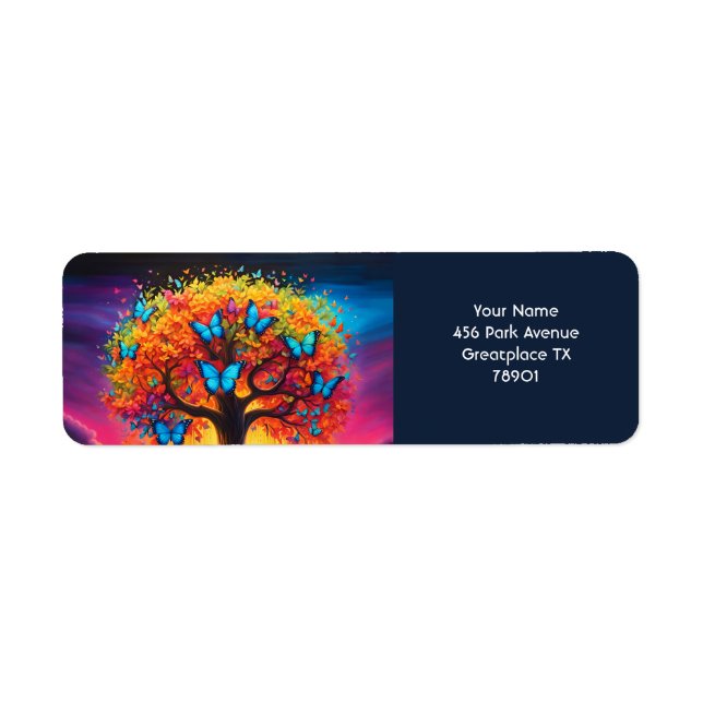 Fantasy Cute Vivid Rainbow Tree Butterflies Label (Front)
