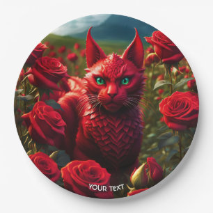 Fantasy Cute Vivid Red Cat Dragon Paper Plates