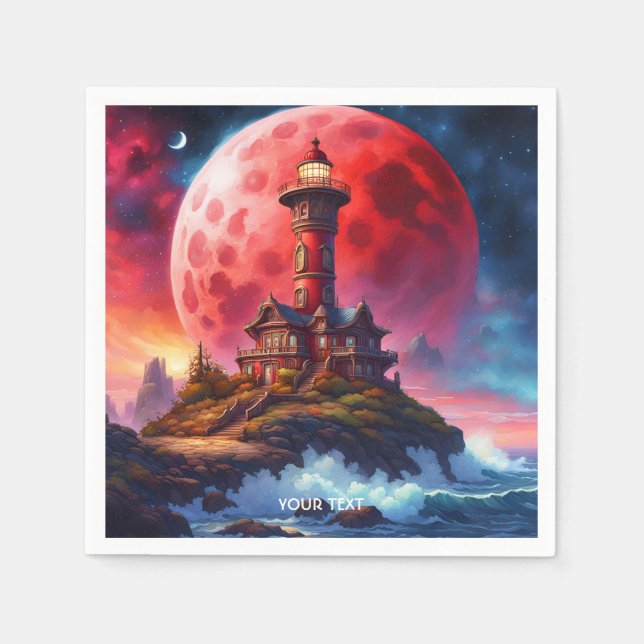 Fantasy Cute Vivid Red Lighthouse Moon Napkins (Front)