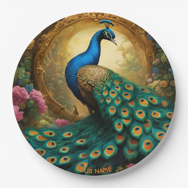 Fantasy Cute Vivid Romantic Peacock Portrait Paper Plates (Front)
