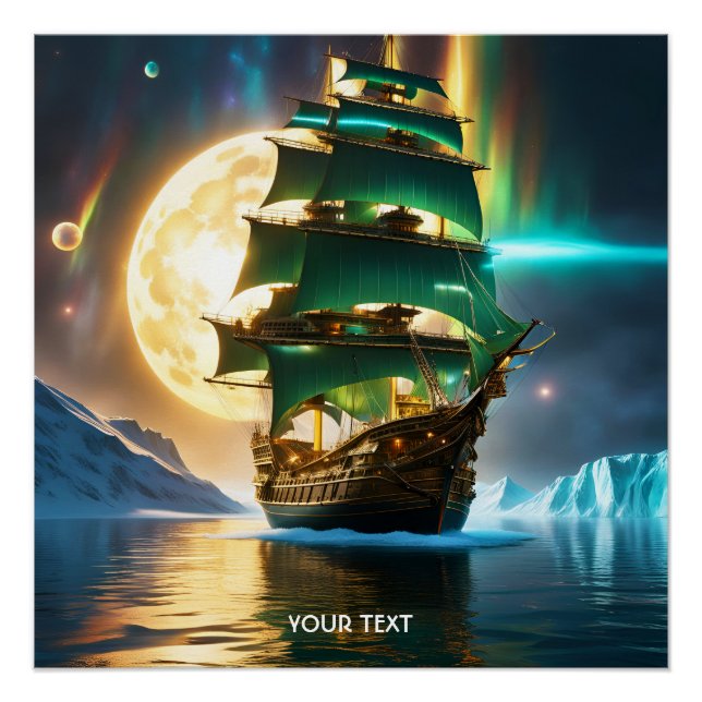 Fantasy Cute Vivid Sea Ship Moon Poster (Front)