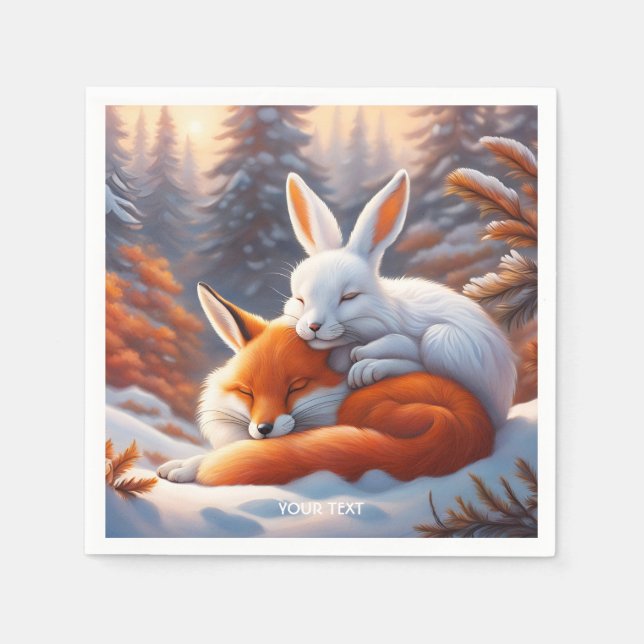 Fantasy Cute Vivid Sleeping Fox Hare Napkins (Front)