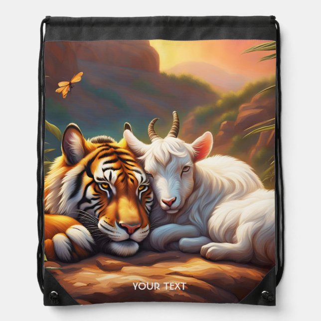 Fantasy Cute Vivid Sleeping Tiger Goat Drawstring Bag (Front)