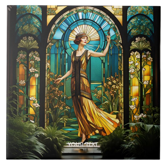 Fantasy Cute Vivid Stained Glass Woman Ceramic Tile (Front)