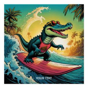 Fantasy Cute Vivid Surfing Crocodile Wave Poster