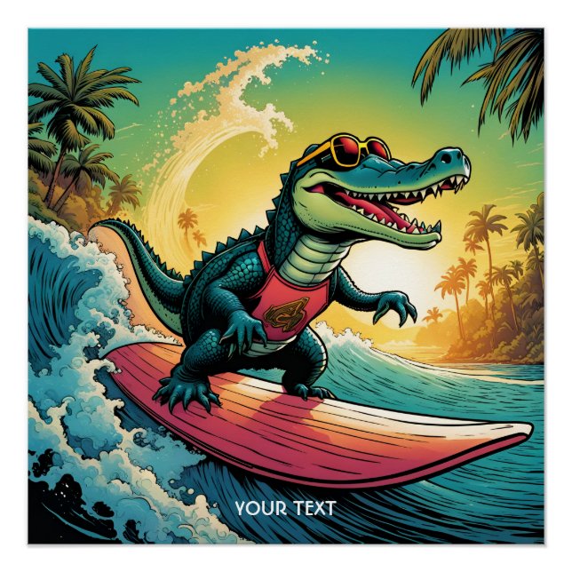Fantasy Cute Vivid Surfing Crocodile Wave Poster (Front)
