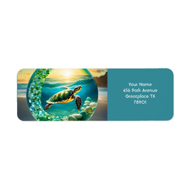 Fantasy Cute Vivid Turtle Sea Waves Label (Front)