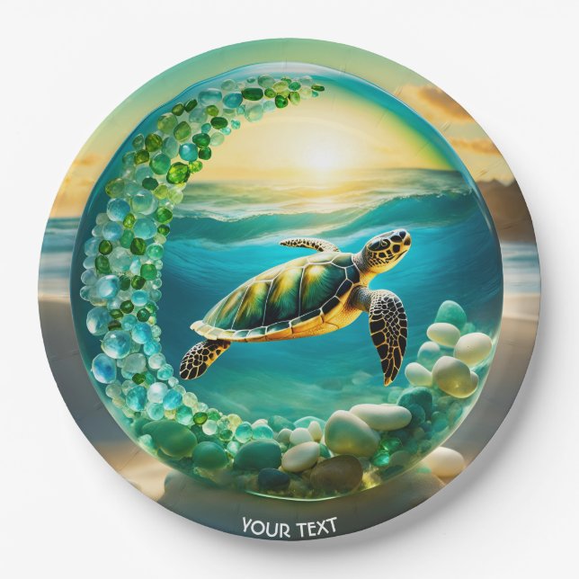 Fantasy Cute Vivid Turtle Sea Waves Paper Plates (Front)