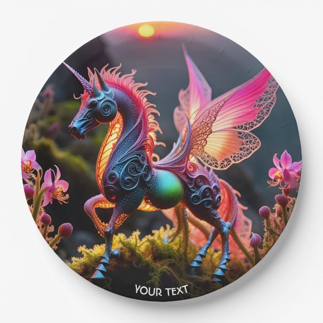 Fantasy Cute Vivid Unicorn Filigree Lace Paper Plates (Front)