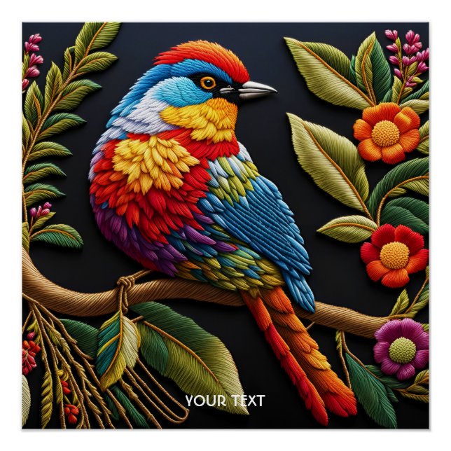 Fantasy Cute Vivid Vibrant Embroidered Bird Poster (Front)