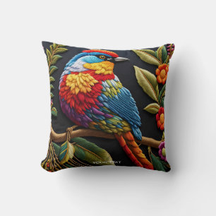 Fantasy Cute Vivid Vibrant Embroidered Bird Throw Pillow