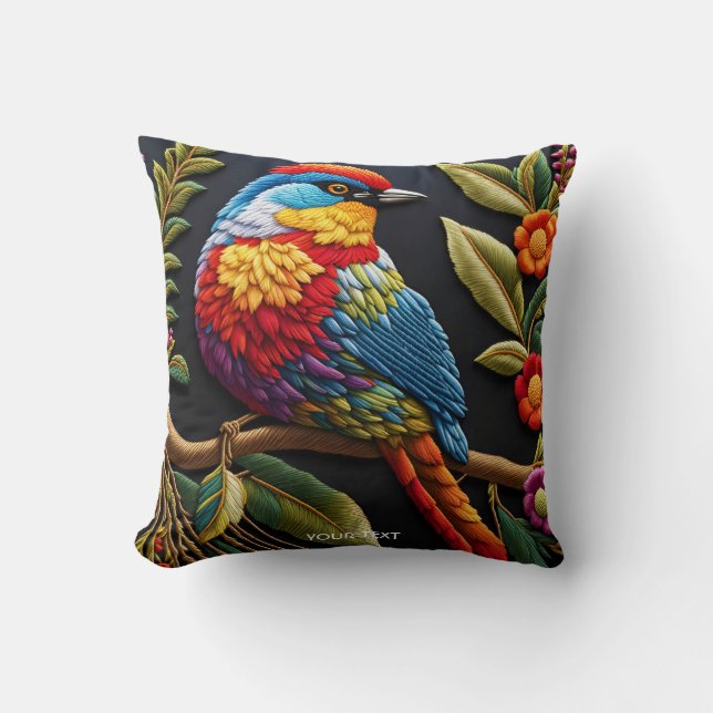 Fantasy Cute Vivid Vibrant Embroidered Bird Throw Pillow (Front)