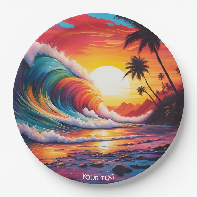 Fantasy Cute Vivid Waves Beach Sunset Paper Plates (Front)