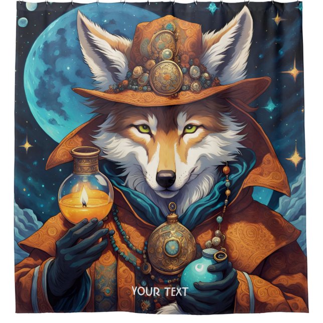 Fantasy Cute Vivid Wolf Wizard Potions Shower Curtain (Front)
