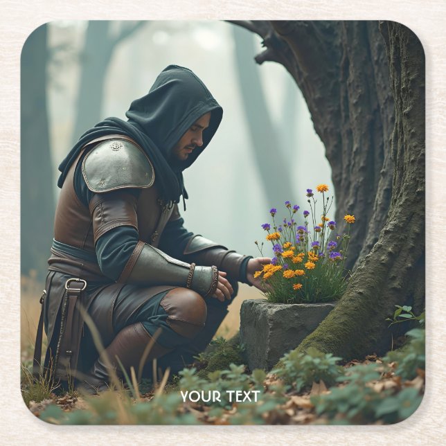 Fantasy Cute Warrior Wild Flowers Square Paper Coaster (Front)