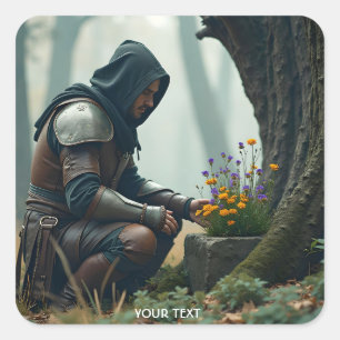Fantasy Cute Warrior Wild Flowers Square Sticker