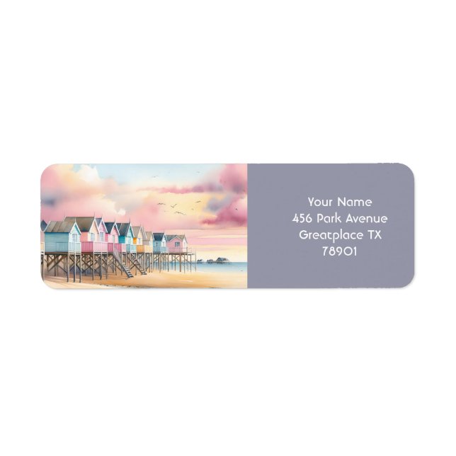 Fantasy Cute Watercolor Beach Huts Label (Front)