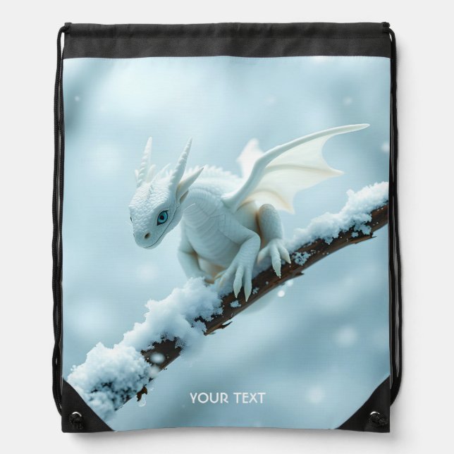 Fantasy Cute White Baby Dragon Drawstring Bag (Front)