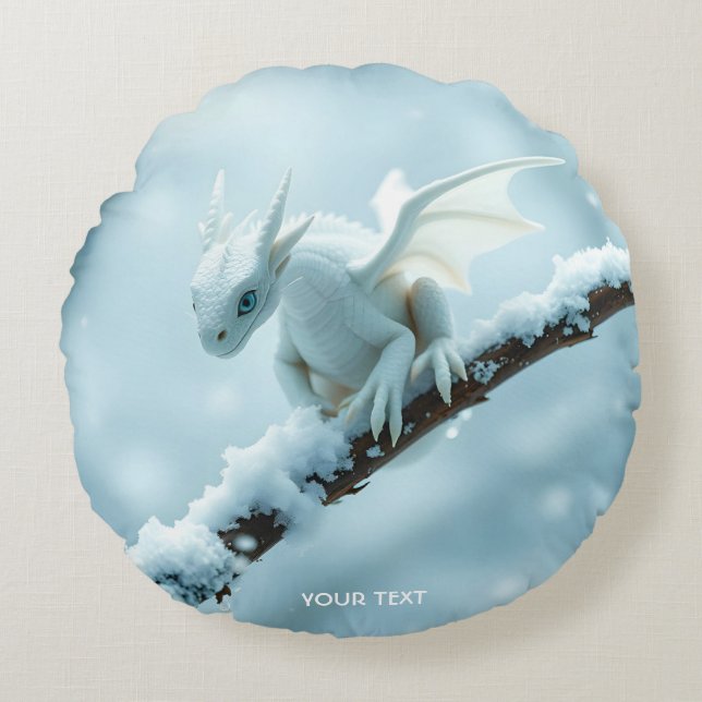 Fantasy Cute White Baby Dragon Round Pillow (Front)