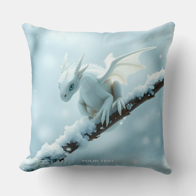 Fantasy Cute White Baby Dragon Throw Pillow (Front)