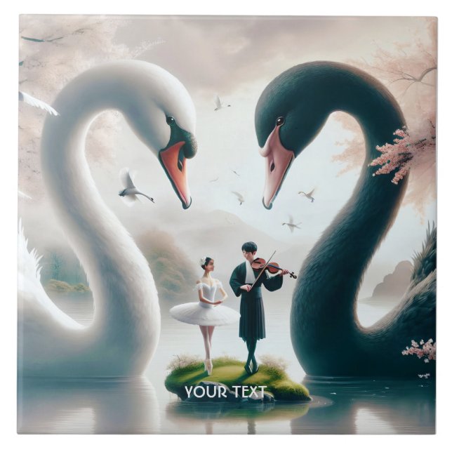 Fantasy Cute White Black Swans Ceramic Tile (Front)