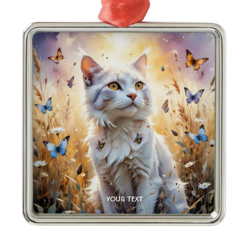 Fantasy Cute White Cat Butterflies Metal Ornament