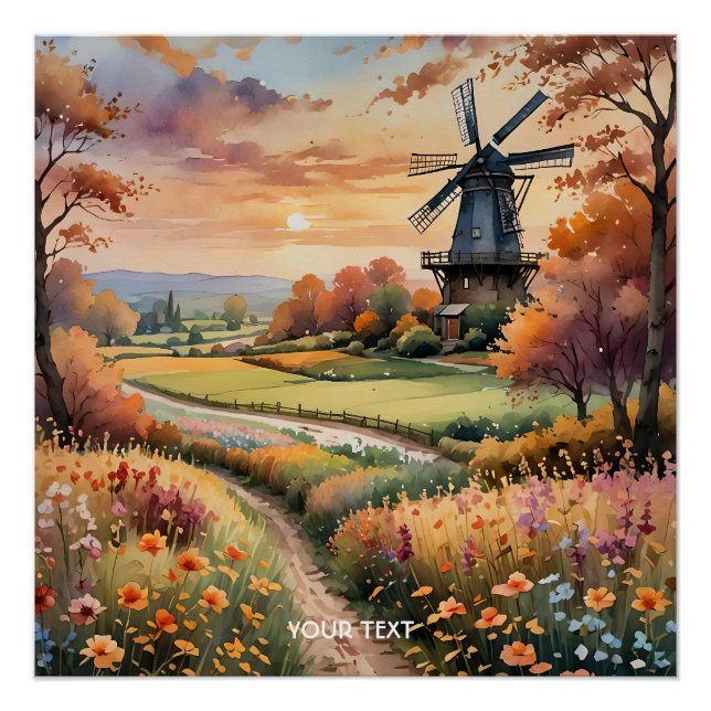 Fantasy Cute Windmill Flowers Field Poster (Front)