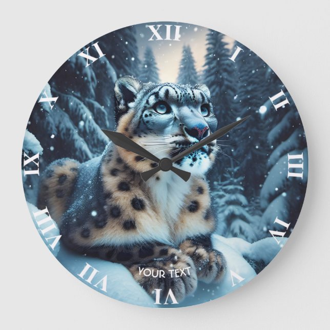 Fantasy Cute Winter Snow Leopard Large Clock (Front)