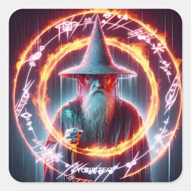 Fantasy Cute Wizard Fire Rings Square Sticker (Front)