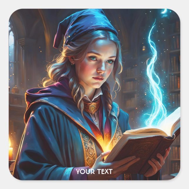 Fantasy Cute Wizard Girl Book Square Sticker (Front)
