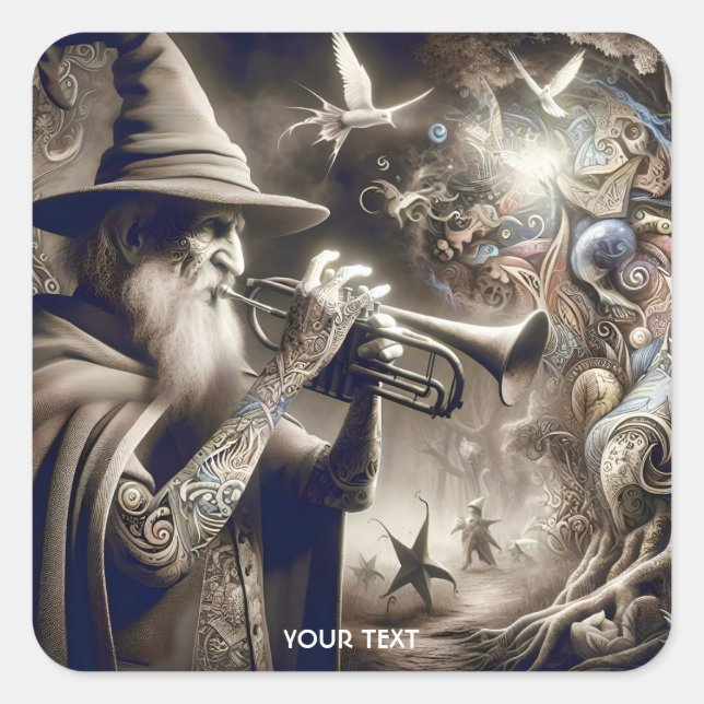Fantasy Cute Wizard Trumpet Forest Square Sticker (Front)