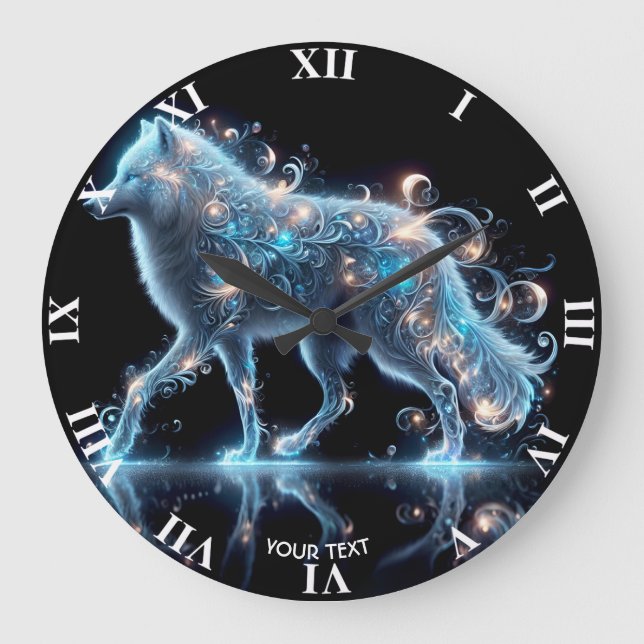 Fantasy Cute Wolf Blue Reflection Large Clock (Front)