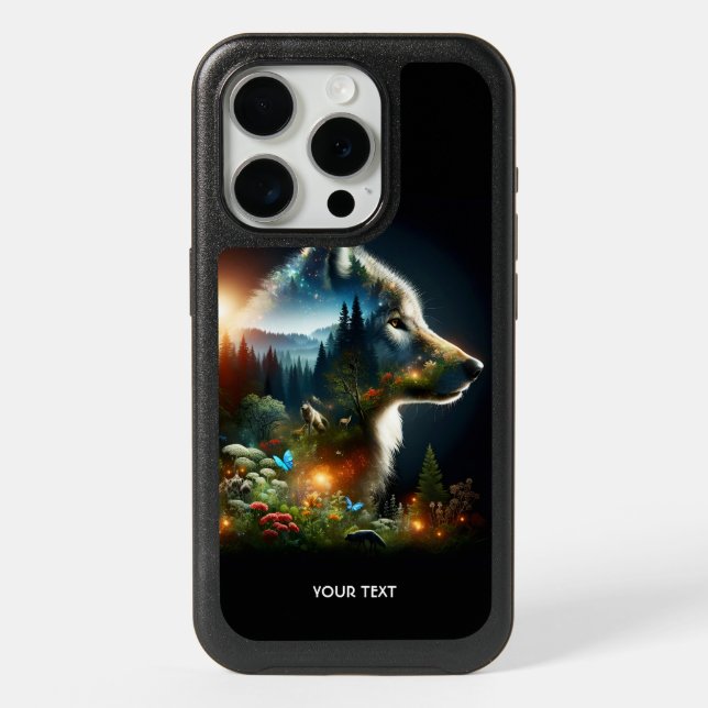 Fantasy Cute Wolf Double Exposition iPhone 15 Pro Case (Back)