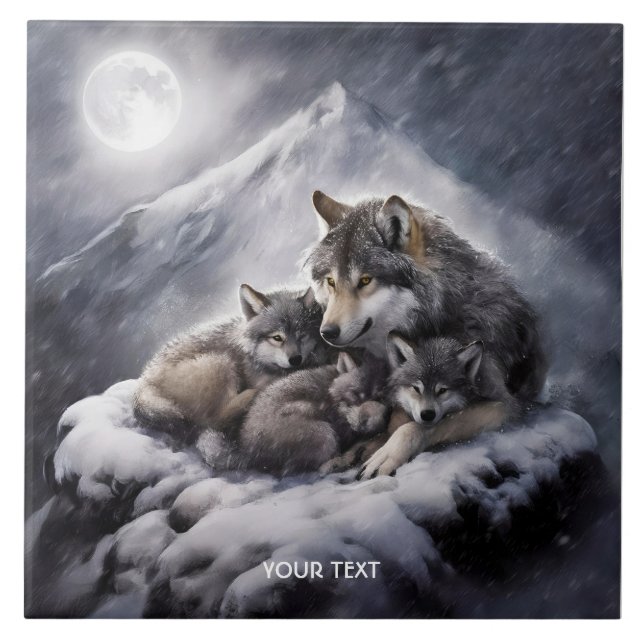 Fantasy Cute Wolf Family Winter Ceramic Tile (Front)