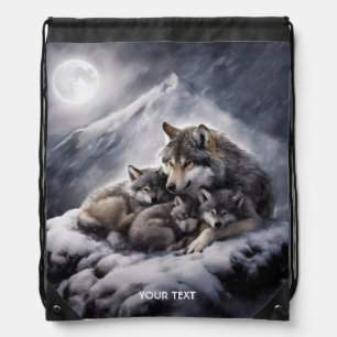 Fantasy Cute Wolf Family Winter Drawstring Bag