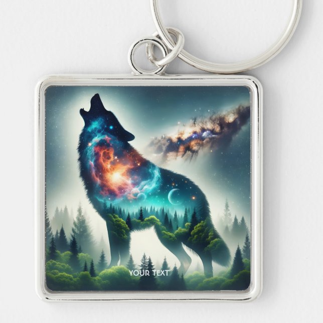 Fantasy Cute Wolf Forest Space Keychain (Front)