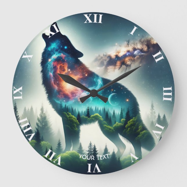 Fantasy Cute Wolf Forest Space Large Clock (Front)