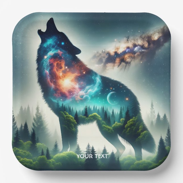Fantasy Cute Wolf Forest Space Paper Plates (Front)