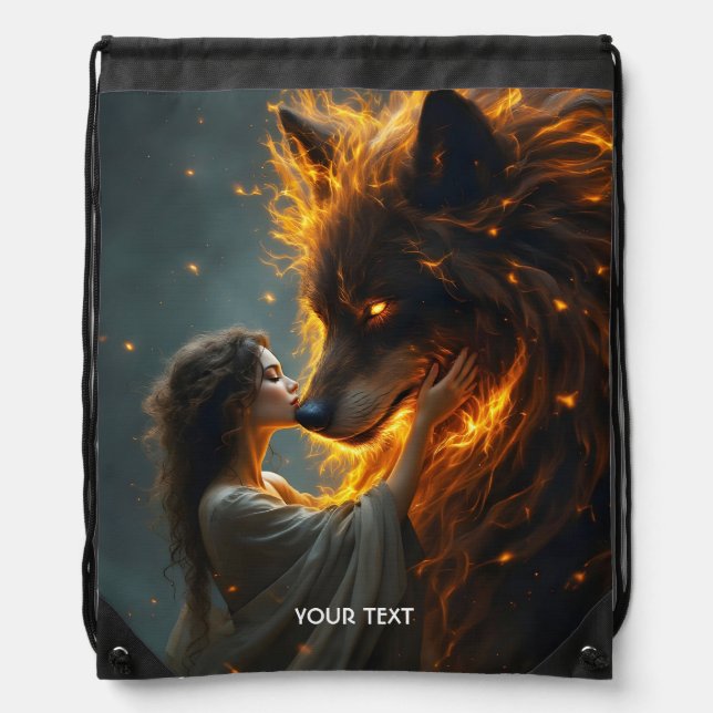 Fantasy Cute Wolf Girl Fire Drawstring Bag (Front)