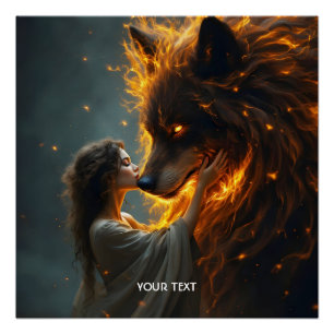Fantasy Cute Wolf Girl Fire Poster