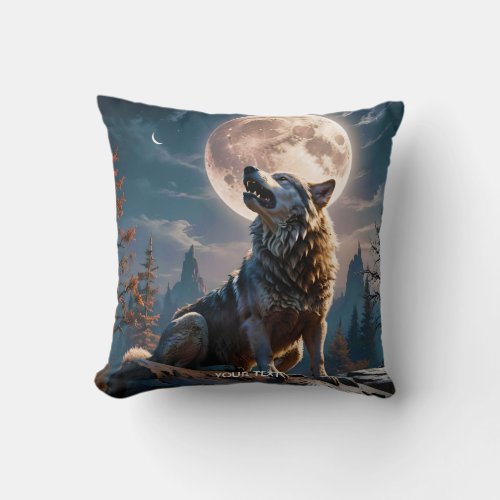 Fantasy Cute Wolf Howling To Moon Throw Pillow
