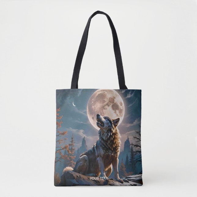 Fantasy Cute Wolf Howling To Moon Tote Bag (Front)